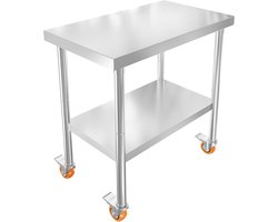 Serveerwagen van roestvrij staal, roltafel 76x46x85cm, keukenwerktafel met werkblad, draagvermogen tot 300 kg, opbergplank en 4 wielen, roestvrijstalen tafel voor voedselbereiding, catering, restaurants NAIZY
