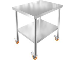 Serveerwagen van roestvrij staal, roltafel 76x60x85cm, keukenwerktafel met werkblad, draagvermogen tot 300 kg, opbergplank en 4 wielen, roestvrijstalen tafel voor voedselbereiding, catering, restaurants NAIZY