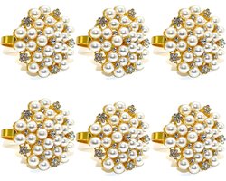 Servetringen met kralen en strass steentjes, set van 6, elegante ronde servetring met parelbloem voor bruiloften, Kerstmis, Thanksgiving-tafeldecoratie, parelbloem