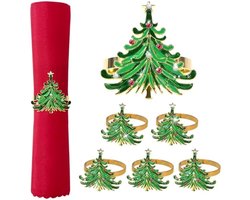 Servetringen voor Kerstmis - Servetringen in de vorm van een kerstboom, versierd met rode en witte strass-steentjes. Geschikt als tafeldecoratie tijdens kerst, feestdagen, diners, bruiloftsfeesten, enz. Set van 6 stuks.