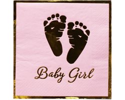 Servetten Roze met gouden voetjes baby girl en gouden rand uitgevouwen een afmeting van 33x33cm / Wegwerp servetten - Feest/verjaardag/BBQ - baby shower