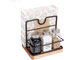 Servettenhouder van Hout en Metaal - Servettenhouder - Stellingkast- Opbergrek - Modern Roestvrij Stalen Keukenaccessoire voor op Tafel of Aanrecht - Zwart Met Houten Accent