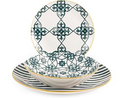Servies Set - Dinerset Porselein - Eettafel Aankleden - 18 Delig Rond - 6 Borden 27cm - Wit Groen