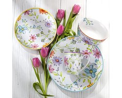 Servies Sets voor 4 Personen - 16 Delige Aardewerk Set in Watercolor Bloemen Design
