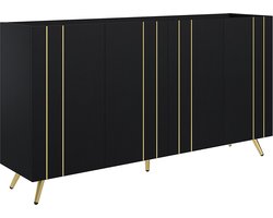 Servieskast opbergkast zijkast Met 4 deuren en verstelbare planken Moderne minimalistische uitstraling met gouden metalen strepen 160x38x80 cm Zwart