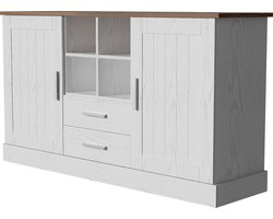 Servieskast opbergkast zijkast met 4 open compartimenten 2 laden en 2 deuren ontwerp met houtachtige texturen gecombineerd met een modern eenvoudig landelijke stijl uiterlijk 140 x 40 x 79,5 cm wit