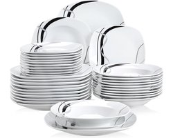 Serviesset - 12 Persoons Servies - Porselein - Diner-, Soep- en Dessertborden - 36-delige Set - Wit - Zwart - Zilver
