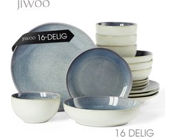 Serviesset 16-Delig, Dinnerset 4 Persoons, Dubbel reactief glazuur, Geschikt voor familiefeesten, banketten, restaurants, Horeca en picknicks, Magnetron-vaatwasserbestendig, Keramiek