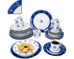 Serviesset 30-delig - Combinatieset Keukengerei - Eettafel Dekken - Nautisch Decor Ontwerp - Voor 6 Personen - Blauw Wit