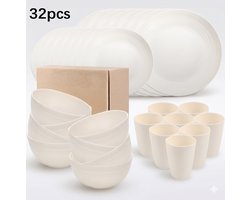 Serviesset 32-delig – 8 Personen – Beige – Herbruikbaar Kunststof – Onbreekbaar & Lichtgewicht – Inclusief Borden, Bekers en Kommen – Ideaal voor Camping & Picknick