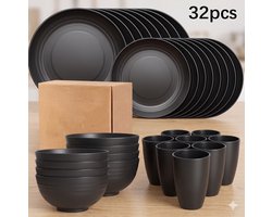 Serviesset 32-delig – 8 Personen – zwart – Herbruikbaar Kunststof – Onbreekbaar Servies – Inclusief Borden, Kommen en Bekers – Ideaal voor Camping, Picknick & Thuis