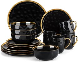 Serviesset - 4 Persoons Servies - Keramiek - Diner- en Dessertborden, Kommen en Kopjes - 16-delige Set - Zwart - Goud