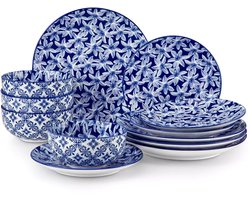 Serviesset - 4 Persoons Servies - Porselein - Dinerborden - Dessertborden - Ontbijtkommen - 12-delige Set - Blauw - Wit - Lily