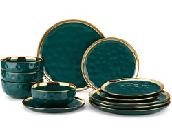 Serviesset - 4 Persoons Servies - Porselein - Dinerborden - Dessertborden - Ontbijtkommen - 12-delige Set - Groen - Goud