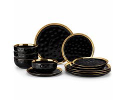 Serviesset - 4 Persoons Servies - Porselein - Dinerborden - Dessertborden - Ontbijtkommen - 12-delige Set - Zwart - Goud