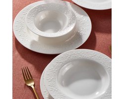 Serviesset 6 Persoons – 24 Delig serviessets – Modern & Elegant Ontwerp – Vaatwasser- en Magnetronbestendig – Crème met Reliëfpatroon– 18 Delig Bone Porselein Servies Set - Dilruba