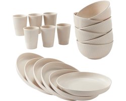 Serviesset 6 Persoons - Borden - Kommen - Bekers - Tarwestro-materiaal - BPA vrij - Magnetronveilig - Vaatwasserbestendig - Beige