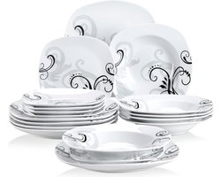 Serviesset - 6 Persoons Servies - Keramiek - Diner-, Soep- en Dessertborden - 18-delige Set - Wit - Zwart - Zilver