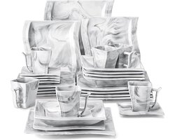 Serviesset - 6 Persoons Servies - Keramiek - Diner-, Soep- en Dessertborden - Kopjes en Schotels - 30-delige Set - Wit - Marmer