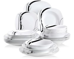 Serviesset - 6 Persoons Servies - Porselein - Diner- en Dessertbord - Ontbijt- en Soepkom - 24-delige Set - Wit - Zwart - Zilver