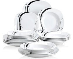 Serviesset - 6 Persoons Servies - Porselein - Diner-, Soep- en Dessertborden - 18-delige Set - Wit - Zwart - Zilver