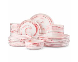 Serviesset - 6 Persoons Servies - Porselein - Dinerborden - Dessertborden - Ontbijtkommen - 18-delige Set - Marmerlook - Wit - Roze