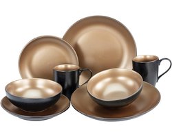 Serviesset 8-delig - Combiservies Aardewerk - Eettafel Aankleden - Goud-koper Finish - 27 cm Bord - Zwart Goud
