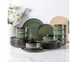 Serviesset 8 Personen - 24 Delige Stoneware Serviesset - Handgemaakt Reactief Glazuur - Dinerborden, Dessertborden & Kommen - Vaatwasser-, Oven- & Magnetronbestendig