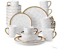 Serviesset - 8 Persoons Servies - Porselein - Diner- en Dessertborden, Kommen en Kopjes - 32-delige Set - Wit - Goud