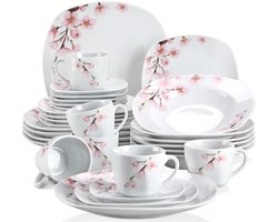 Serviesset - Bloesem - Dinerbord - Dessertbord - Soepbord - Kom - Beker - 6 personen - Wit - Roze