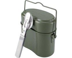 Serviesset, eetbestek + aluminium kookgerei zoals gebruikt door het leger