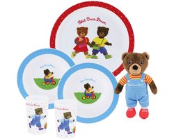 Serviesset - FUN HOUSE - LITTLE BROWN BEAR - Dinerbord Ø 22 cm, 2 soepborden Ø 16 cm, 2 glazen 220 ml en knuffel 18 cm