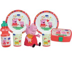 Serviesset - FUN HOUSE - PEPPA PIG - 2 soepborden Ø 22 cm, 2 glazen 220 ml, waterfles 350 ml, snackbox en knuffel 17 cm