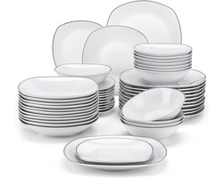 Serviesset - Serviessets - Serviesset 12 persoons - Wit Met Zwarte Rand - Porselein - 48-Delig Servies - Dinerbord - Dessertbord - Kom - Mok