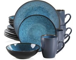 Serviesset - Serviessets - Serviesset 4 persoons - Blauw Patroon - Porselein - 16-Delig Servies - Dinerbord - Dessertbord - Kom - Mok