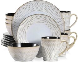 Serviesset - Serviessets - Serviesset 4 persoons - Grijs Reliëf - Porselein - 16-Delig Servies - Dinerbord - Dessertbord - Kom - Mok