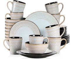 Serviesset - Serviessets - Serviesset 8 persoons - Grijs Reliëf - Porselein - 32-Delig Servies - Dinerbord - Dessertbord - Kom - Mok