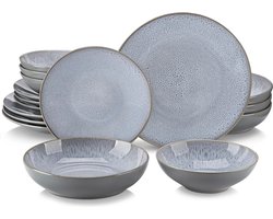 Serviesset - Serviessets - Serviesset 8 persoons - Grijs Reliëf - Porselein - 32-Delig Servies - Dinerbord - Dessertbord - Kom - Soepkom