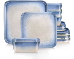 Serviesset wit/blauw - Keramisch - Vierkant - Nevel - 4 borden groot - 4 borden klein - 4 kom - 12 delig - Wit - Blauw