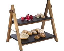 Serving board etagère van acaciahout met twee leistenen platen - inklapbaar - geschikt voor koude gerechten en koeling - wasbaar - 2 compartimenten