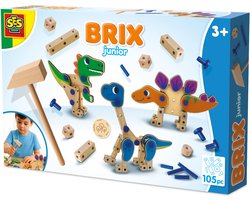 SES Creative - BRIX Junior - Dino's - Dino Bouwset - Hout Knutselset - Houten Speelgoed - Montessori speelgoed – Verschillende Houtvormen met Verbindingspinnetjes – Made in Holland - Vanaf 3 Jaar
