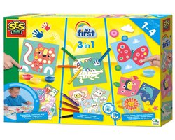 SES Creative - My First - 3 in 1 mega set - Vingerverven, kleuren en vormen plakken - met 3 kleuren vingerverf, 7 dikke potloden, vingerlijm, plakfiguren en knutselkaarten - makkelijk uitwasbaar