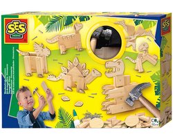SES Creative - Timmerset - Dinosaurus - Montessori Speelgoed Jongens - met echte hamer, spijkers en voorgezaagde houten plankjes - knutselen jongens - Dinosaurus Speelgoed