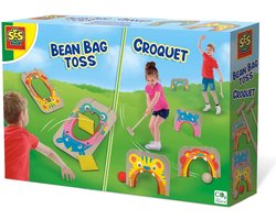 SES - Croquet and pittenzak gooien - 2-in-1 spellen - echt houten onderdelen met vrolijke illustraties - in handige bewaartas