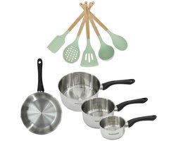 Set 1 Koekenpan 20cm en 3 Kookpannen 12/16/20cm Fackelmann Genève met 5 keukengerei
