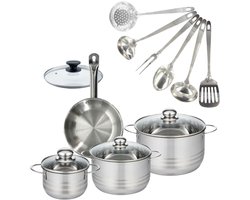Set 1 pan 20 cm roestvrij staal en deksel, 3 roestvrijstalen kookpotten 16, 20 en 24 cm en 6 roestvrijstalen keukengerei Fackelmann Eterna