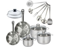 Set 2 pannen 20 en 24 cm van roestvrij staal en deksels, 3 roestvrijstalen kookpotten 16, 20 en 24 cm en 6 roestvrijstalen keukengerei Fackelmann Eterna