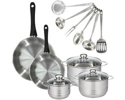 Set 2 pannen 24 28 cm, 3 kookpotten 16, 20 en 24 cm in roestvrij staal en 6 roestvrijstalen keukengerei Fackelmann Geneva