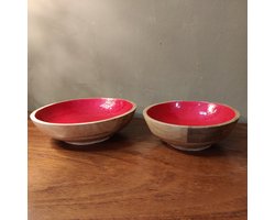 Set 2x Mango Hout Schalen 20/25 cm Rode Binnenkant