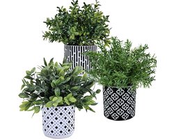 Set 3 Kunstmatige Potplanten met Fijn Geometrisch Beton in Zwart en Wit - Decor voor Tafel, Plank, Vensterbank
